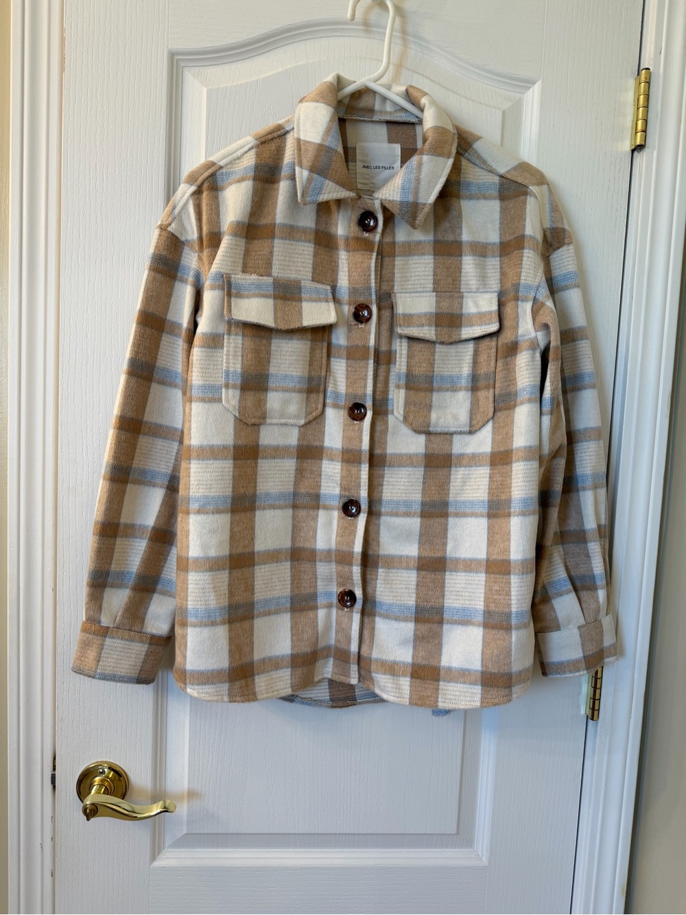 Avec Les Filles Plaid Shacket Jacket Small Tan Cream Blue Wool Blend